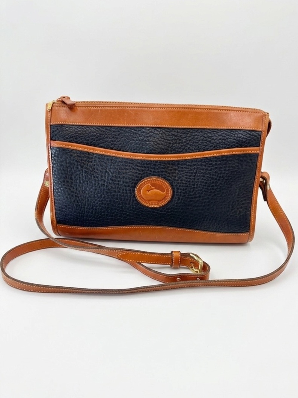 Vintage Dooney & Bourke All Weather Leather Crossbody Bag Navy Blue Duck Fob